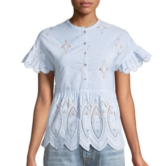 Joie Cerelia Striped Broderie Anglaise Trimmed Cotton Top Peplum Blue - Picture 8 of 9